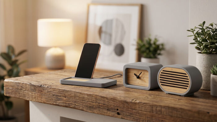 Bluetooth-колонка "Stonehenge" 5Вт с беспроводным зарядным устройством, камень/бамбук